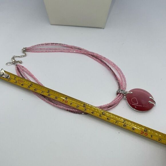 Signed Premier Design Pink Glass Bead Necklace Pink Cat’s Eye Pendant   Vintage - Picture 7 of 7